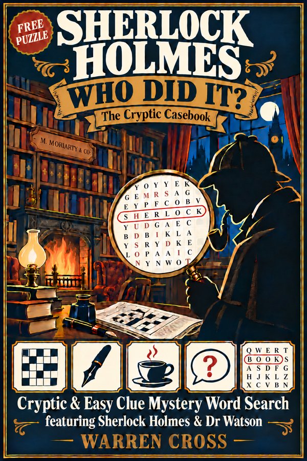 Cover of The Case of the Missing Folio: Sherlock Holmes in silhouette holding a magnifying glass over a word search, in his Baker Street study